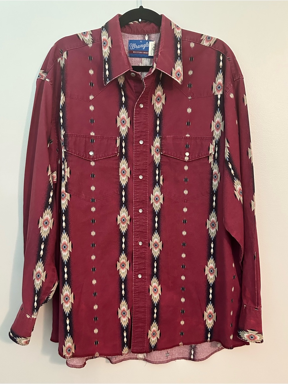 Vintage 90’s Wrangler Pearl Snap Brushpopper Western Southwest Aztec Shirt XL